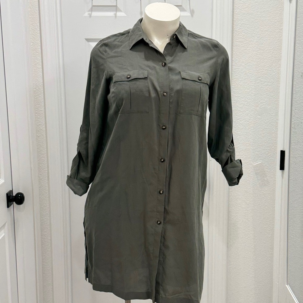 J.Jill Wearever Caraway Olive Green Button Front Shirt Dress Lyocell Eco  size M